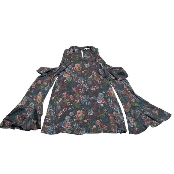 IRO Blouse 36 Small Ciclan Cold Shoulder Antique Dark Floral Silk Bell Sleeve - Picture 1 of 13